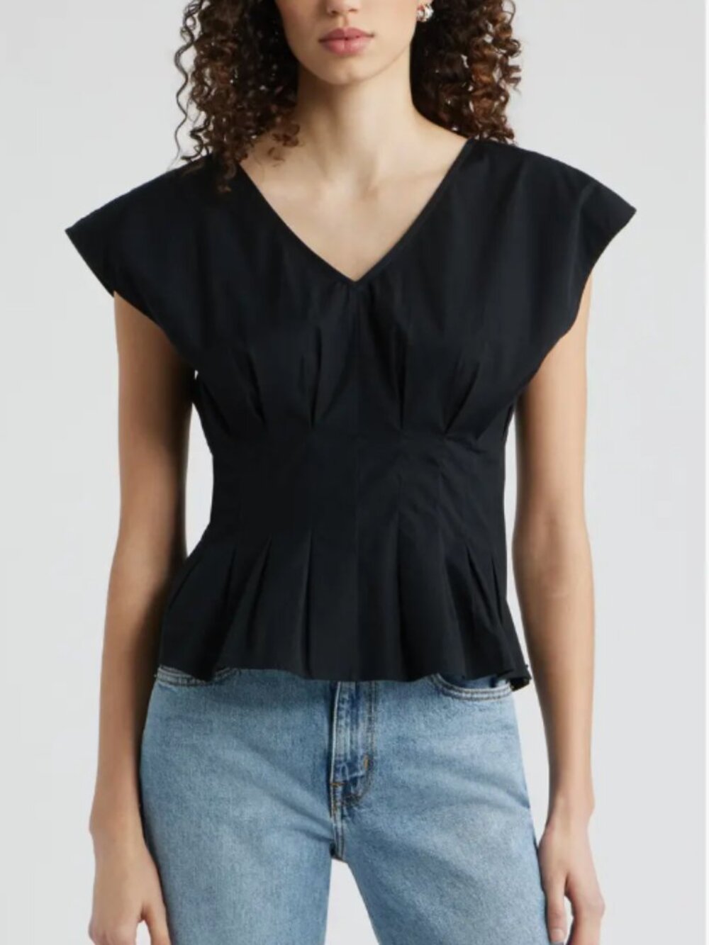 Nordstrom Pleated V-Neck Poplin Top Black Medium Cotton Peplum Cap Sleeve
